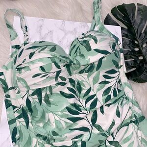Green tropical one piece swimsuit padded